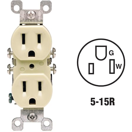 Leviton Straight Blade Receptacle, 5-15R, 15 A, 125V AC, 2 Pole, 3 Wire, Grounded 12650I